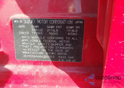 2011 Suzuki Sx4 Sport S/Sport Se z USA, uszkodzony, nr VIN JS2YC5A46B6300253